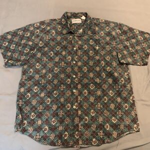 Mainport Shirt Mens Extra Large Green Brown Geometric Print Button Up Casual